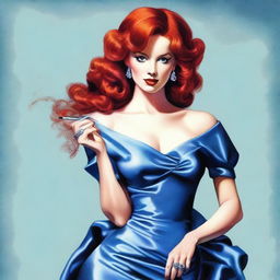 A detailed image of a woman with red hair wearing a blue dress with a thigh-high slit