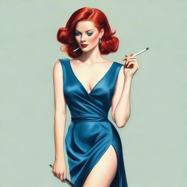 A detailed image of a woman with red hair, wearing a blue dress with a slit on the thigh