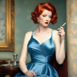 A detailed image of a woman with red hair, wearing a blue dress with a slit on the thigh