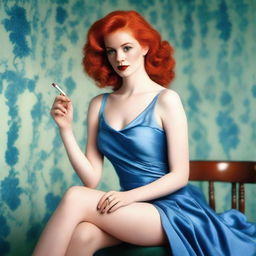 A detailed image of a woman with red hair, wearing a blue dress with a slit on the thigh