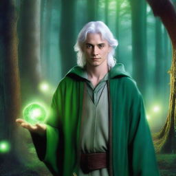 A young wizard with a distinctive scar, white hair, and green clothes, resembling Jason London