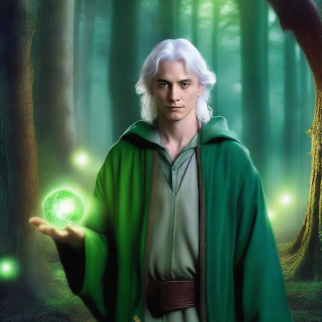 A young wizard with a distinctive scar, white hair, and green clothes, resembling Jason London