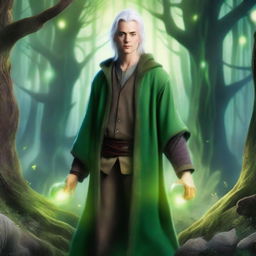 A young wizard with a distinctive scar, white hair, and green clothes, resembling Jason London