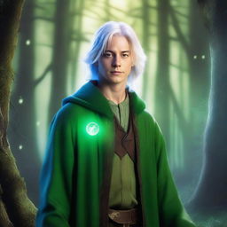 A young wizard with a distinctive scar, white hair, and green clothes, resembling Jason London