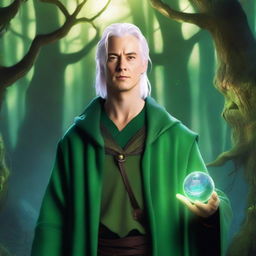 A young wizard with a distinctive scar, white hair, and green clothes, resembling Jason London