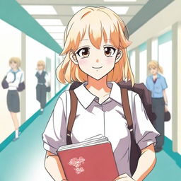 A blonde girl with rose-colored eyes, dressed as a student, depicted in anime manga style