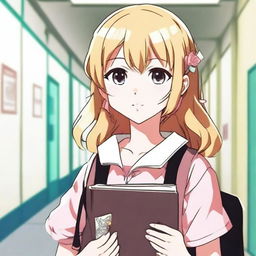 A blonde girl with rose-colored eyes, dressed as a student, depicted in anime manga style