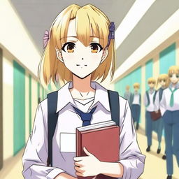 A blonde girl with rose-colored eyes, dressed as a student, depicted in anime manga style