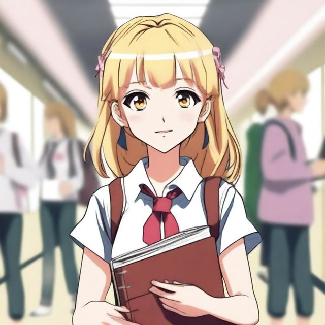 A blonde girl with rose-colored eyes, dressed as a student, depicted in anime manga style