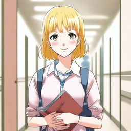 A 16-year-old blonde girl with rose-colored eyes, dressed as a student, depicted in manga style