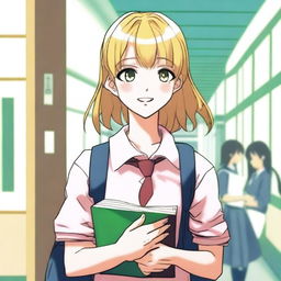 A 16-year-old blonde girl with rose-colored eyes, dressed as a student, depicted in manga style