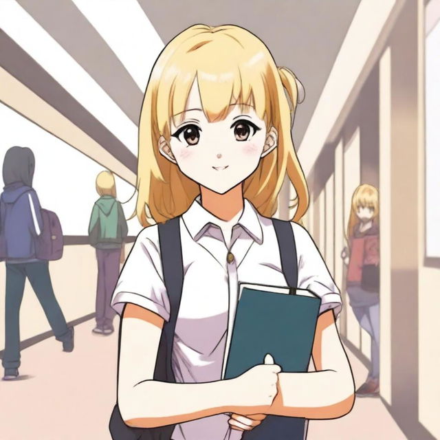 A 16-year-old blonde girl with rose-colored eyes, dressed as a student, depicted in manga style