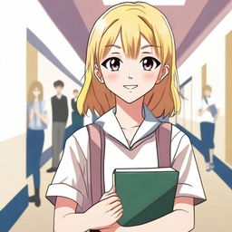 A 16-year-old blonde girl with rose-colored eyes, dressed as a student, depicted in manga style