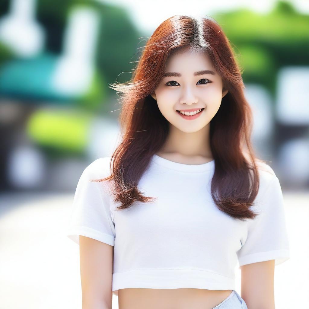 Generate an image of a beautiful 18-year-old Korean girl with white crop shirts and shorts