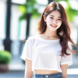 Generate an image of a beautiful 18-year-old Korean girl with white crop shirts and shorts