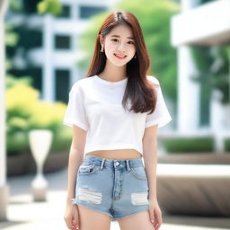 Generate an image of a beautiful 18-year-old Korean girl with white crop shirts and shorts