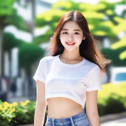 Generate an image of a beautiful 18-year-old Korean girl with white crop shirts and shorts