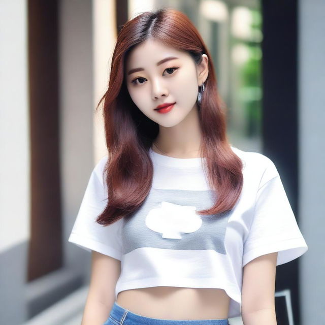 Generate an image of a beautiful 18-year-old Korean girl wearing a cut-out t-shirt above the breast