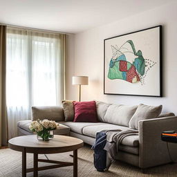 A cozy and well-lit living room with a comfortable sofa, a large flat-screen TV, a coffee table with a vase of flowers, and walls displaying tastefully chosen artwork.