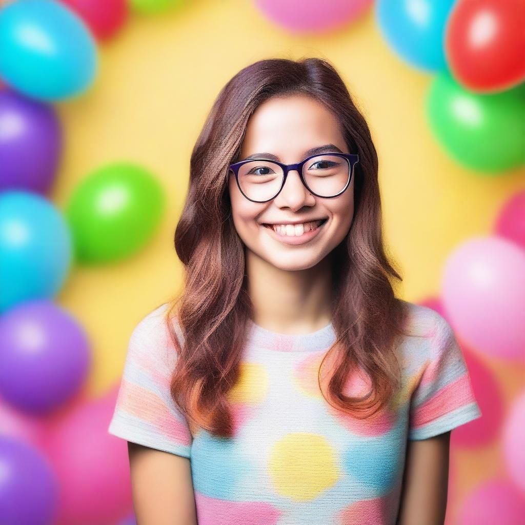 A cute girl wearing glasses, smiling and looking cheerful