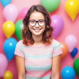 A cute girl wearing glasses, smiling and looking cheerful