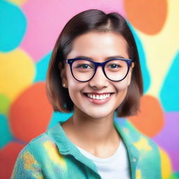 A cute girl wearing glasses, smiling and looking cheerful