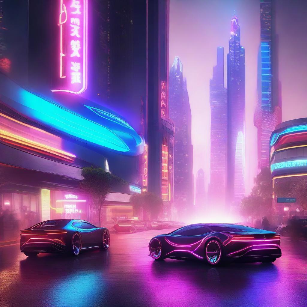 Create a visually stunning and cool image featuring a futuristic cityscape with neon lights, sleek buildings, and flying cars