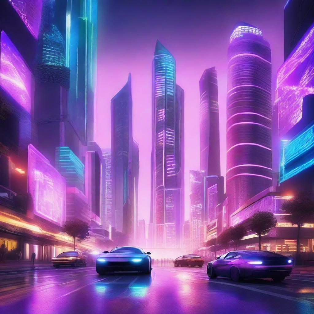 Create a visually stunning and cool image featuring a futuristic cityscape with neon lights, sleek buildings, and flying cars