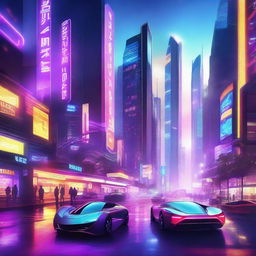 Create a visually stunning and cool image featuring a futuristic cityscape with neon lights, sleek buildings, and flying cars