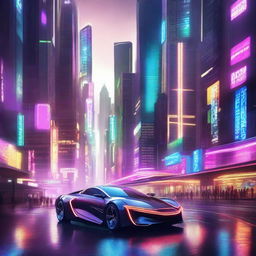 Create a visually stunning and cool image featuring a futuristic cityscape with neon lights, sleek buildings, and flying cars