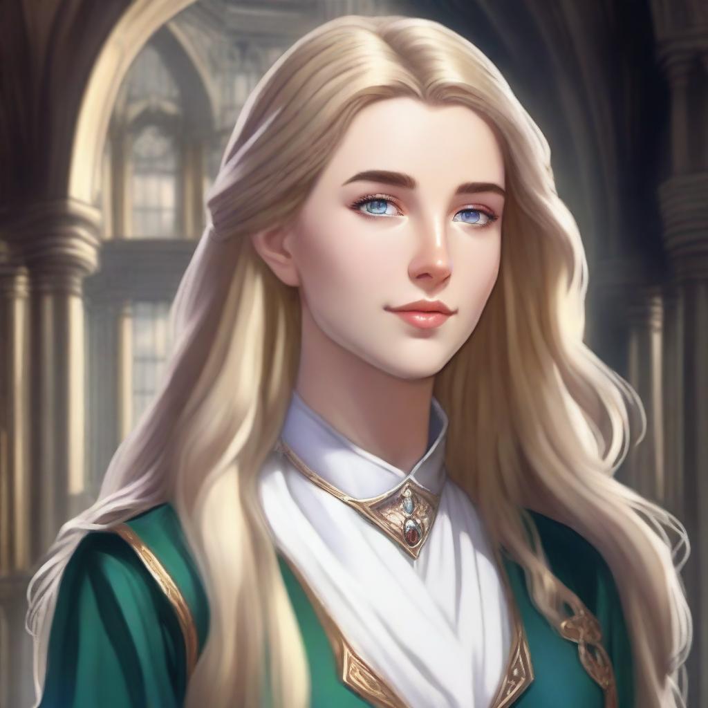 A detailed portrait of a female character with long blonde hair and shiny eyes, set in an academy environment