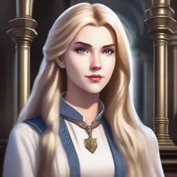 A detailed portrait of a female character with long blonde hair and shiny eyes, set in an academy environment