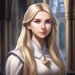 A detailed portrait of a female character with long blonde hair and shiny eyes, set in an academy environment