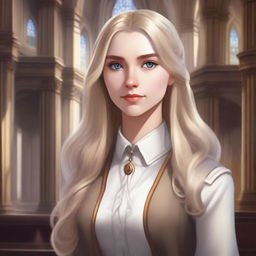 A detailed portrait of a female character with long blonde hair and shiny eyes, set in an academy environment