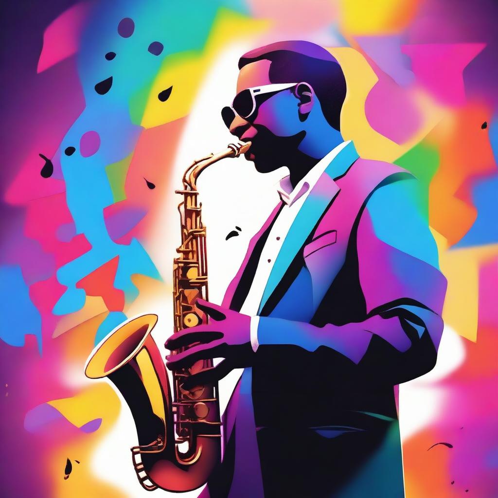 A cool and stylish saxophone player in a vibrant, colorful setting, playing smooth jazz