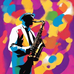 A cool and stylish saxophone player in a vibrant, colorful setting, playing smooth jazz