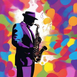 A cool and stylish saxophone player in a vibrant, colorful setting, playing smooth jazz