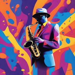 A cool and stylish saxophone player in a vibrant, colorful setting, playing smooth jazz