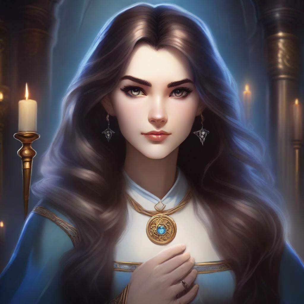 A detailed portrait of a female character with long hair and a magical eye, set in an academy from a Dungeons & Dragons universe