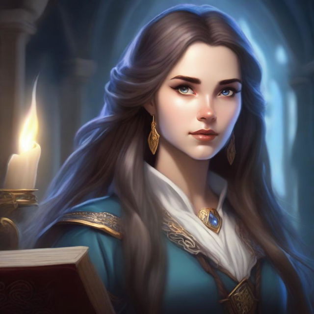 A detailed portrait of a female character with long hair and a magical eye, set in an academy from a Dungeons & Dragons universe