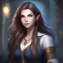 A detailed portrait of a female character with long hair and a magical eye, set in an academy from a Dungeons & Dragons universe