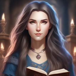 A detailed portrait of a female character with long hair and a magical eye, set in an academy from a Dungeons & Dragons universe