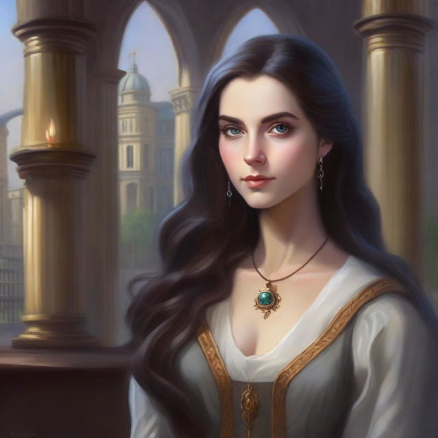 An oil-style portrait of a female character with long hair and magical eyes, set in an academy environment