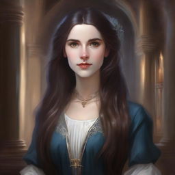 An oil-style portrait of a female character with long hair and magical eyes, set in an academy environment