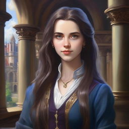 An oil-style portrait of a female character with long hair and magical eyes, set in an academy environment