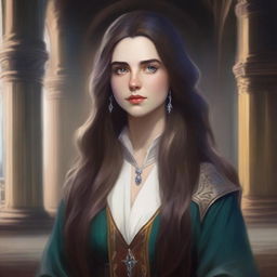 An oil-style portrait of a female character with long hair and magical eyes, set in an academy environment