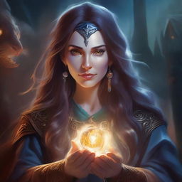 A detailed oil-style portrait of a female sorceress with long hair and a magical eye, set in a Dungeons & Dragons academy