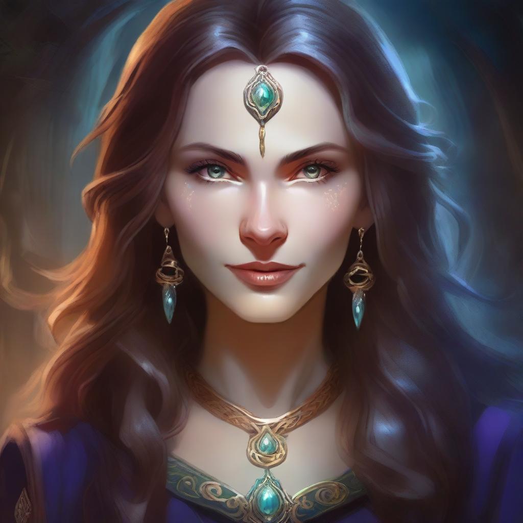 A detailed oil-style portrait of a female sorceress with long hair and a magical eye, set in a Dungeons & Dragons academy