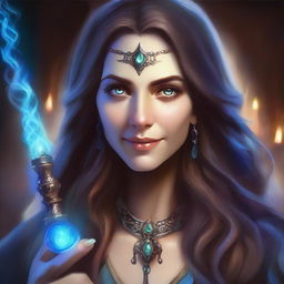 A detailed oil-style portrait of a female sorceress with long hair and a magical eye, set in a Dungeons & Dragons academy