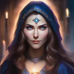 A detailed oil-style portrait of a female sorceress with long hair and a magical eye, set in a Dungeons & Dragons academy